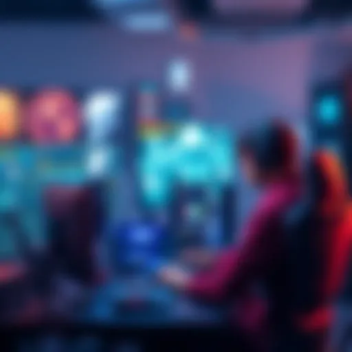 Developers collaborating on a video game project with computers and digital screens around them