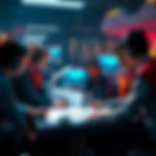A group of game developers discussing ideas for a project inspired by Superman, with sketches and a computer screen visible.