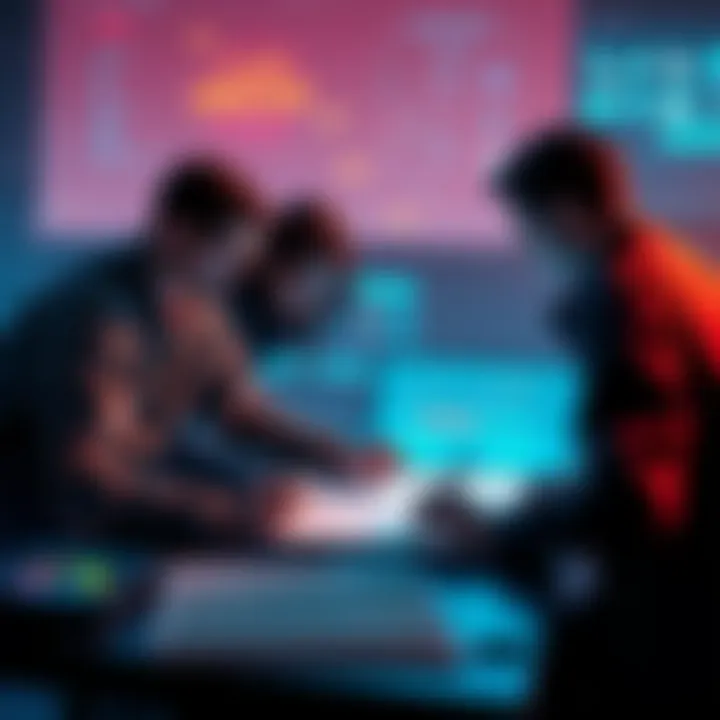 Game Development Team Working Together Developers collaborating on game design for Clair Obscur: Expedition 33, showcasing sketches and digital interfaces.