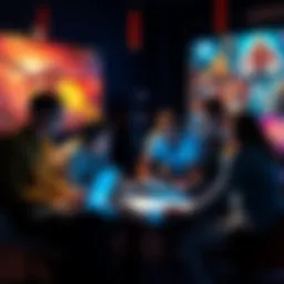 A diverse group of game developers brainstorming ideas for a new video game, surrounded by digital artwork and design tools.