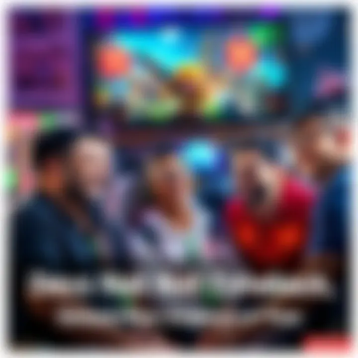 Group of game developers smiling and discussing their recent success, surrounded by gaming artwork and fans' feedback on screens.