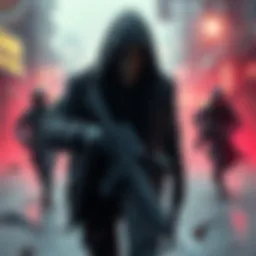 A scene showing a killer in a video game allowing players to escape, with a tense atmosphere and players running away in the background.