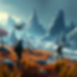 A fantasy landscape showing rain and snow affecting characters and gameplay, with players collecting resources and facing challenges outdoors.