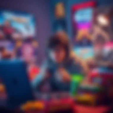 A gamer reviewing a game with a laptop and controller, surrounded by game posters and snacks.