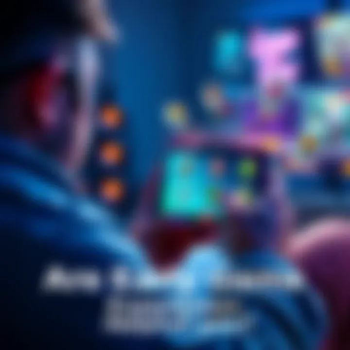 A player enjoying a mobile game while considering expansion options with icons representing game improvements and new features around them.