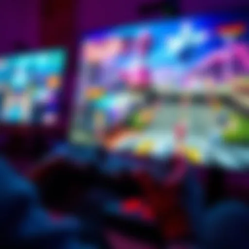 A person playing a video game with a controller, focused on the screen showing vibrant graphics and engaging gameplay.