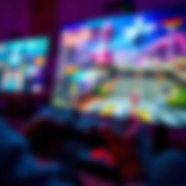 A person playing a video game with a controller, focused on the screen showing vibrant graphics and engaging gameplay.