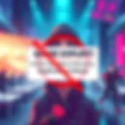A warning message about game bans related to duplication exploits, featuring an illustration of a game character being banned with a red cross over it.