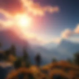 A serene game environment showcasing a lush landscape with mountains and a vibrant sky, featuring a character walking through the scenery, enjoying the peaceful atmosphere and music.