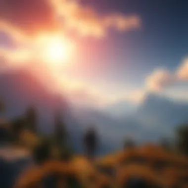 A serene game environment showcasing a lush landscape with mountains and a vibrant sky, featuring a character walking through the scenery, enjoying the peaceful atmosphere and music.