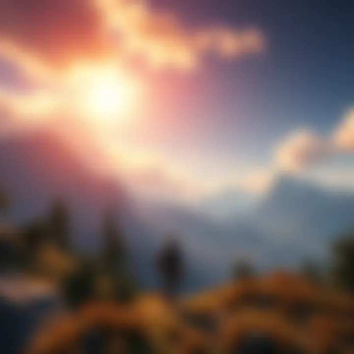 Game Exploration Scene A serene game environment showcasing a lush landscape with mountains and a vibrant sky, featuring a character walking through the scenery, enjoying the peaceful atmosphere and music.