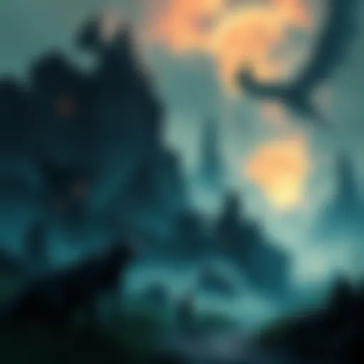 A dark and atmospheric game world filled with ancient ruins and mysterious creatures, showcasing a character in a vast landscape with intricate details.