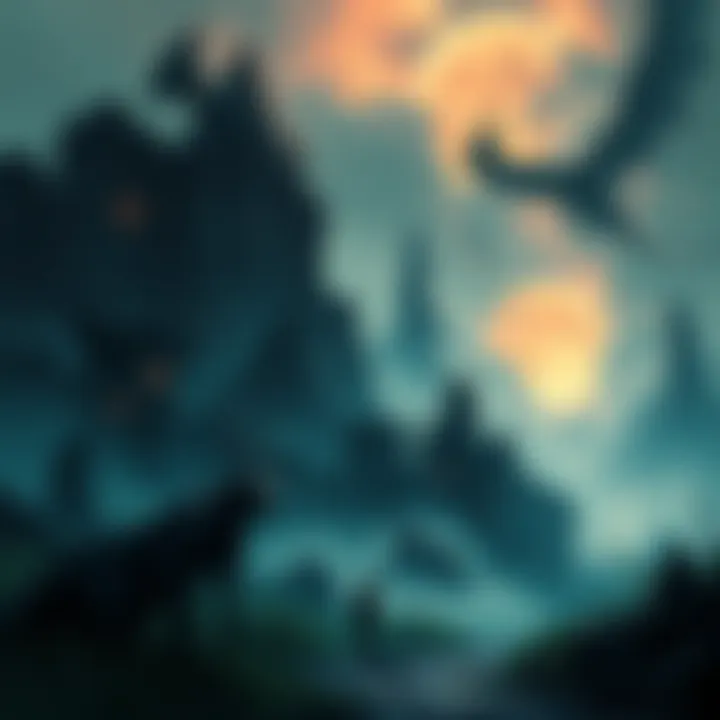 Game Exploration Theme A dark and atmospheric game world filled with ancient ruins and mysterious creatures, showcasing a character in a vast landscape with intricate details.