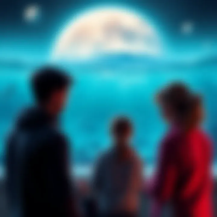 Players discussing new game features with interactive boards and a scenic underwater view of Uranus