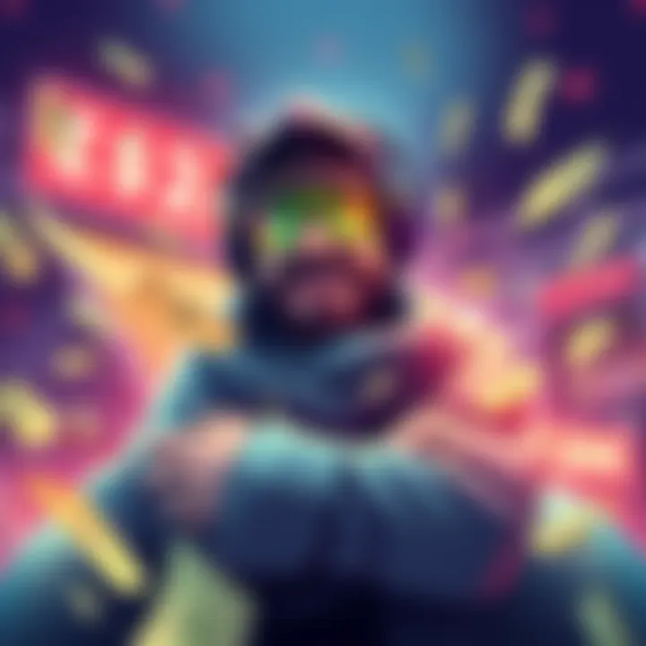 An illustration showing a game character representing a founder with currency bucks around it