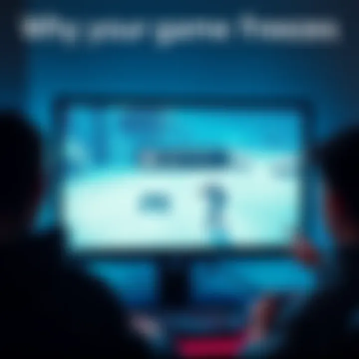 A computer screen showing a frozen video game with a character stuck mid-action and an error message; a gamer looking confused and frustrated in the background.