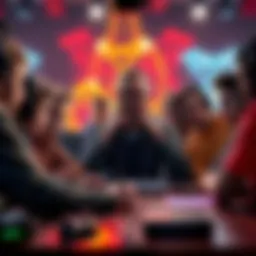 Game Frustration Scene A group of gamers sitting around a table looking puzzled and frustrated while playing a challenging video game together.