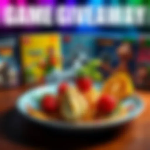 A colorful graphic showcasing various game titles alongside a plate of food with a single standout ingredient, inviting participation in a gaming giveaway and culinary creativity.
