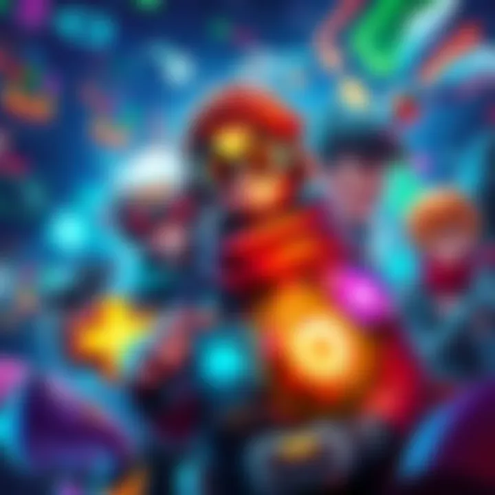 A collage of various game hero characters with symbols representing their essential knowledge, such as health, abilities, and strategies, set against a vibrant gaming background.