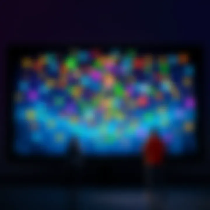 Colorful game icons pop up in a chaotic pattern on a gaming screen with characters interacting.