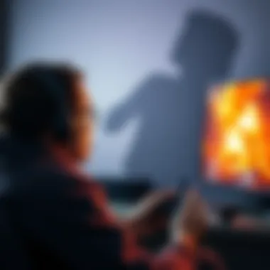 Game Industry Crisis A worried gamer looking at a low-quality game on a screen, with a shadow of a previous game crash looming in the background.