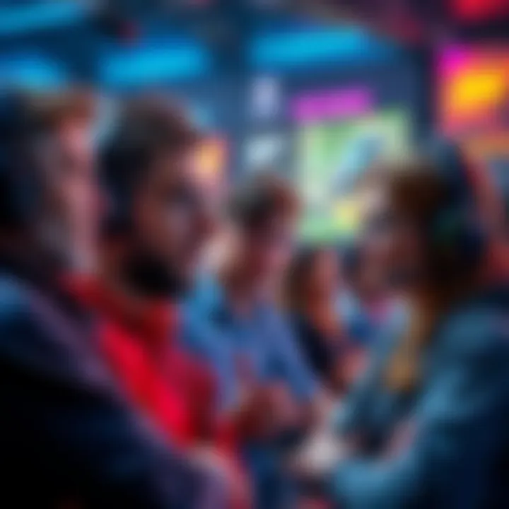 A group of game industry professionals looking concerned and discussing their future, with gaming elements in the background.