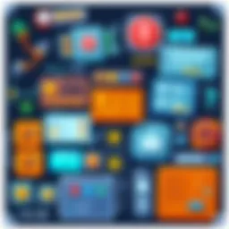 Illustration showing various game UI elements like skill trees, confirmation buttons, and in-game databases arranged together, representing common interaction design patterns in gaming.