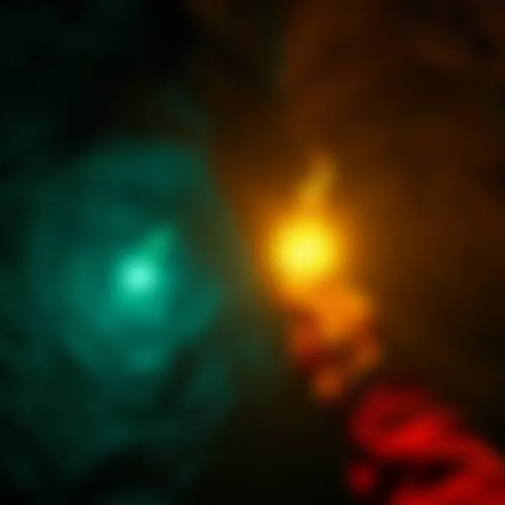 A player holding a glowing game item in a dark cave, highlighting its use for exploration without torches