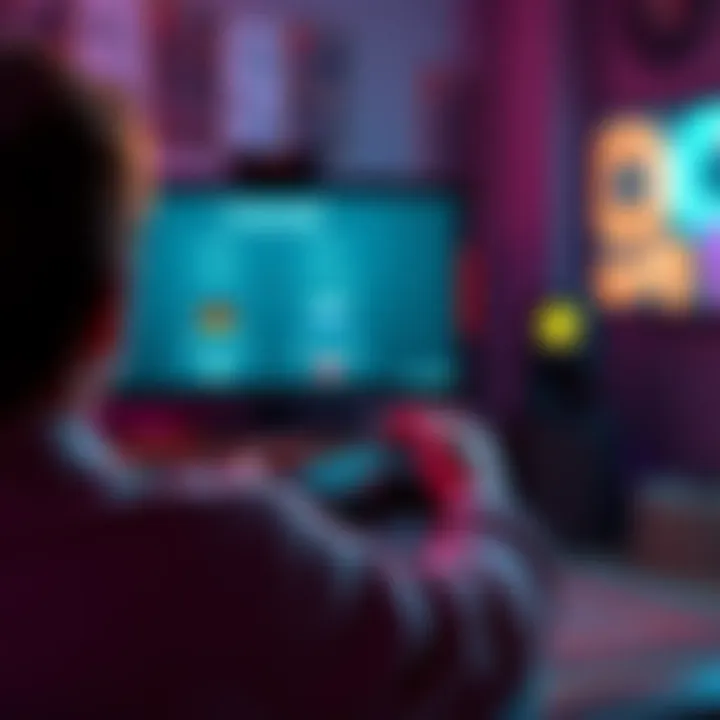 Game Language Choices A gamer sits with a controller, looking at a screen displaying language settings in English and their native language.