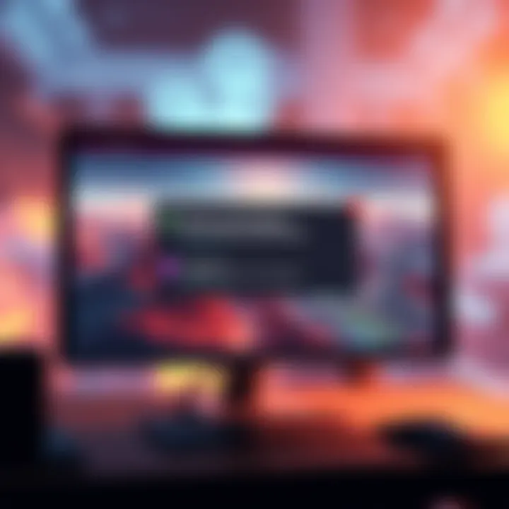 Illustration of a computer screen displaying a pop-up notification with game updates and surveys during a game launch