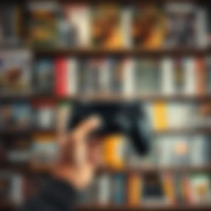 A person holding a controller in front of a shelf full of video games, showcasing a mix of challenging and easier titles