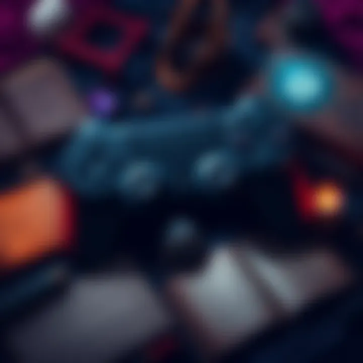 A dark-themed illustration showing a game controller surrounded by mystical symbols and ancient texts related to esotericism and kabbalah.