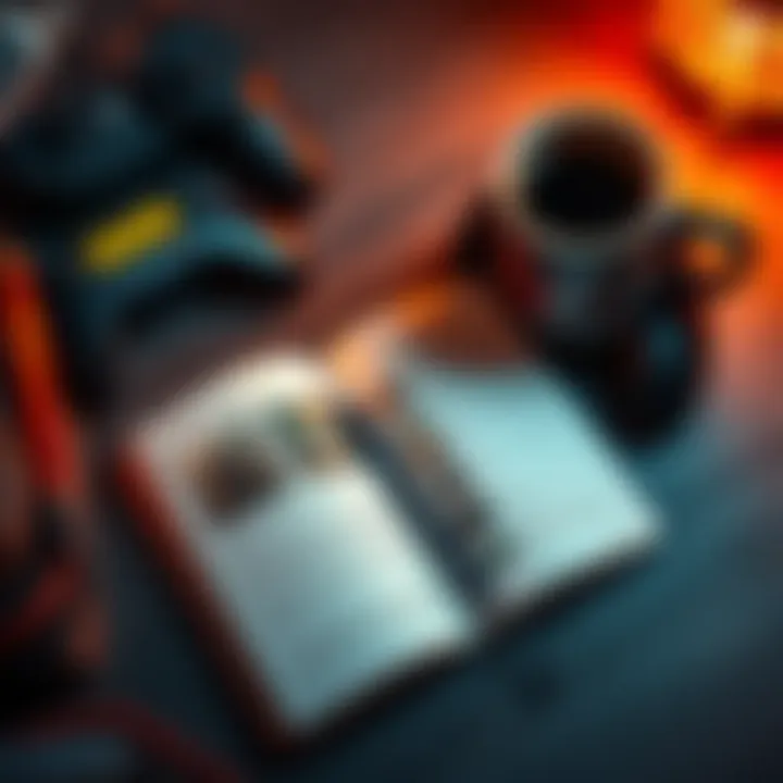 Game Lore Resources An open book with game art and notes highlighting different lore elements, surrounded by game controls and a coffee cup