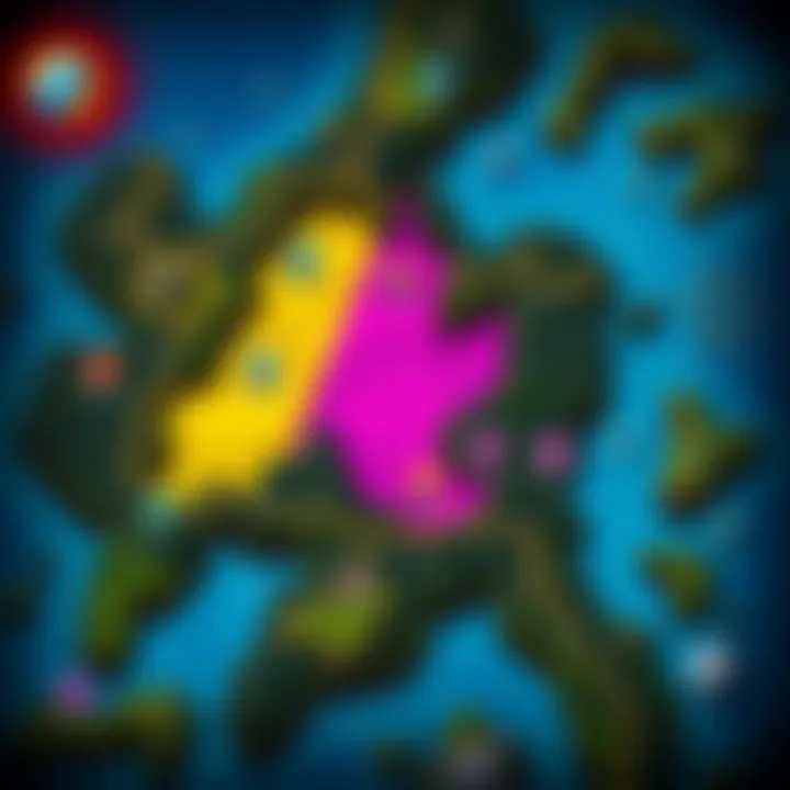 Illustration showing a game map split into four distinct zones for ranked play with icons representing different areas