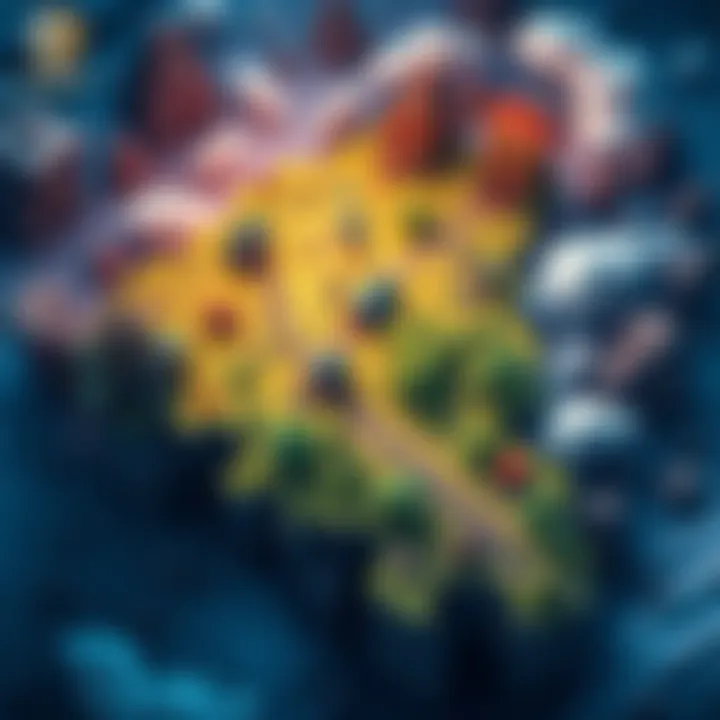 A vibrant game map showcasing various terrains and structures, highlighting teamwork aspects.