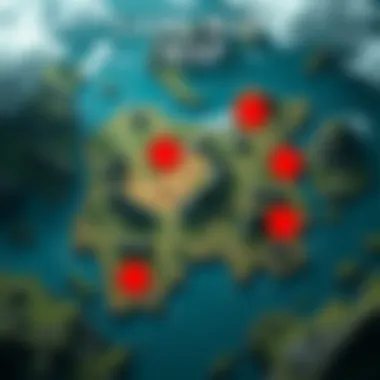 A strategic game map showing possible locations for rat ambushes, featuring areas of cover and open spaces, highlighting tactical positions.