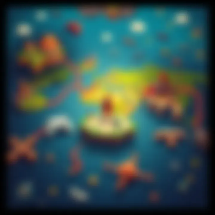 An illustration showing various video game maps connected by lines, representing different titles in gaming.