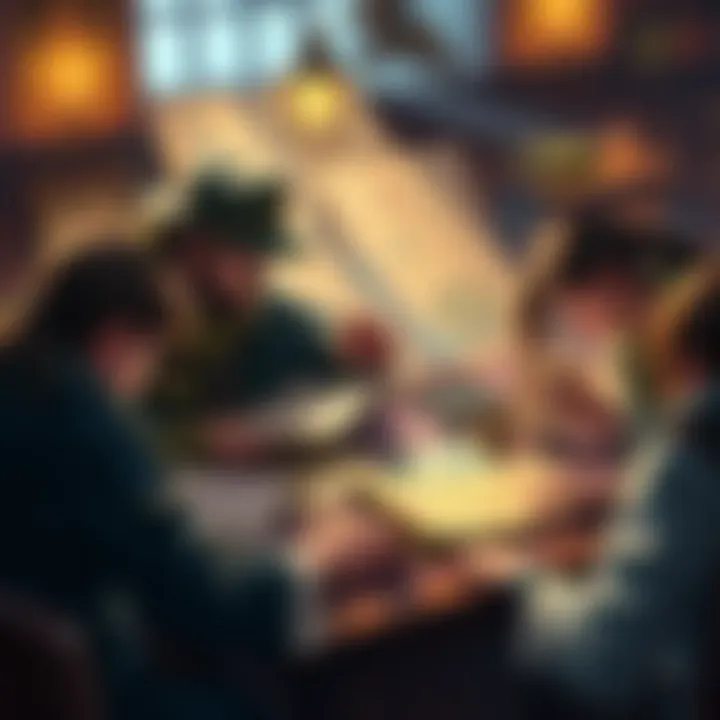 A game master creates a secret language for an RPG campaign, surrounded by maps and books, with players engaged in decoding tasks.