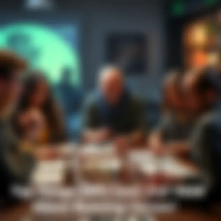 A game master smiles while discussing with players around a tabletop filled with dice and character sheets.