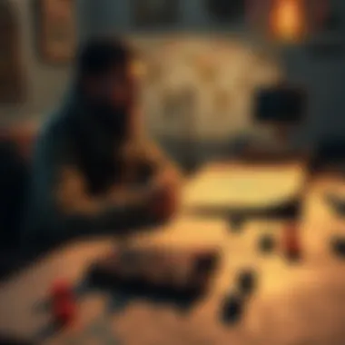 A game master sits at a table covered with dice and character sheets while contemplating a campaign map, thinking about how to implement a long time skip in the game.