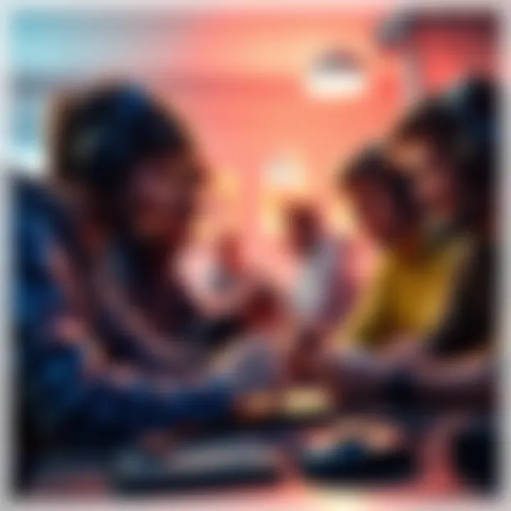 A group of gamers discussing new mechanics for popular games, illustrating collaboration and creativity.