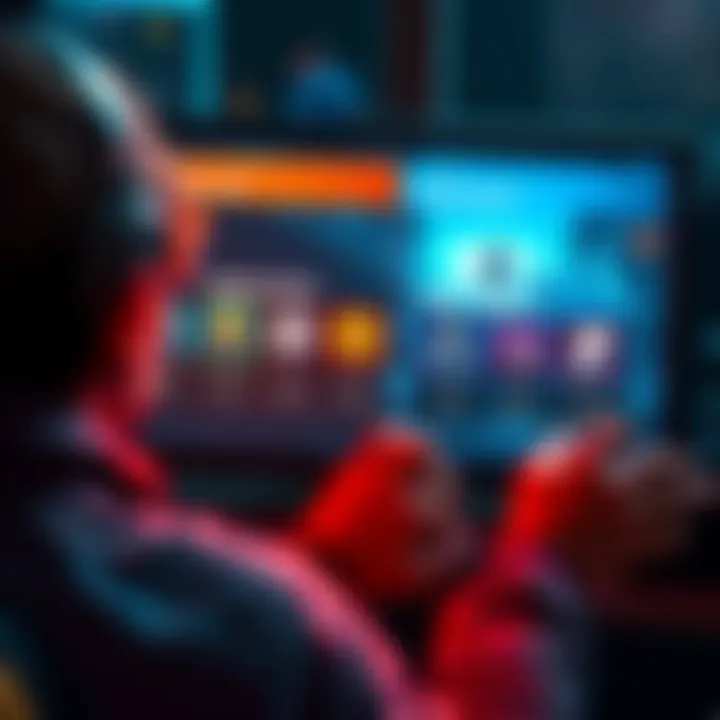 A player looks at a game menu showing choices between main story and side quests with colorful graphics on screen