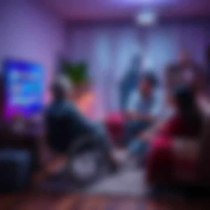 A cozy family setting with a middle-aged woman in a wheelchair playing video games on a TV, while family members suggest safe and engaging game options for social interaction.