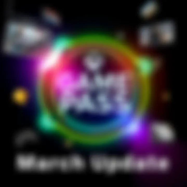 Colorful graphic showcasing Game Pass logo with new games and features for March