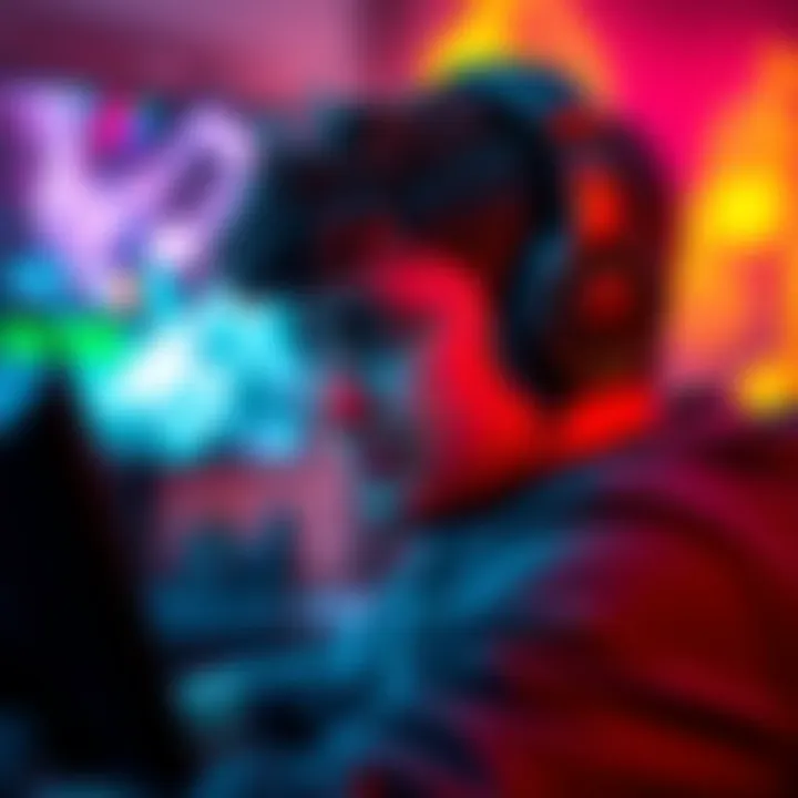 A gamer wearing headphones focused on playing a video game with vibrant graphics and music notes in the background.