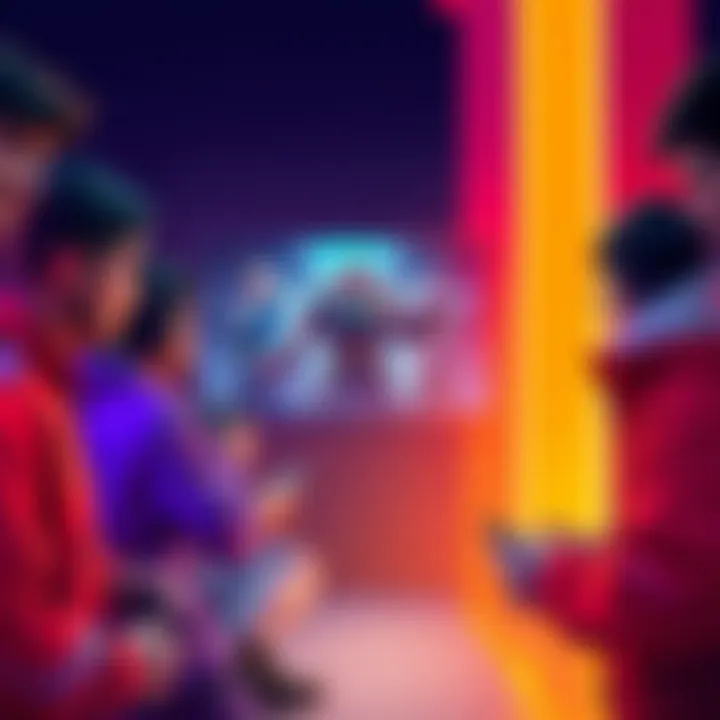 A group of gamers analyzing a game loss, pointing at a screen showing game characters.