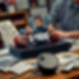 A gaming console on a table with a shocked player holding a game box displaying a $100 price tag, surrounded by discussion materials, like newspapers and online forums.