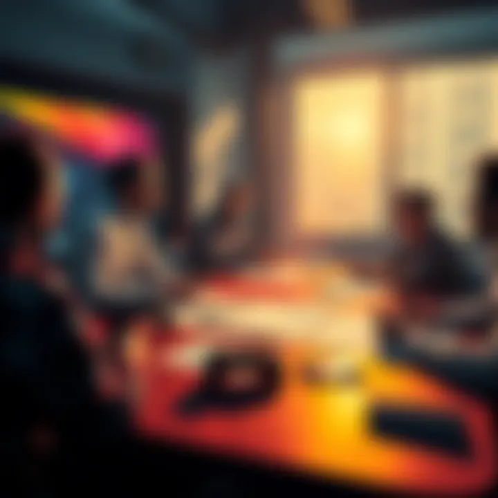 A group of people discussing the value of a video game price at a table with game controllers and charts