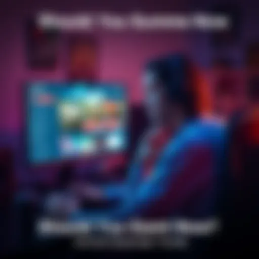 A person sitting at a gaming desk, looking thoughtfully at a computer screen showing a game store page, with seasonal content notifications visible.