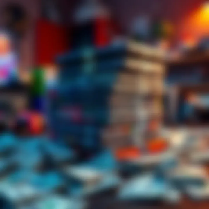 A stack of video games with dollar bills scattered around, showing high spending in gaming.